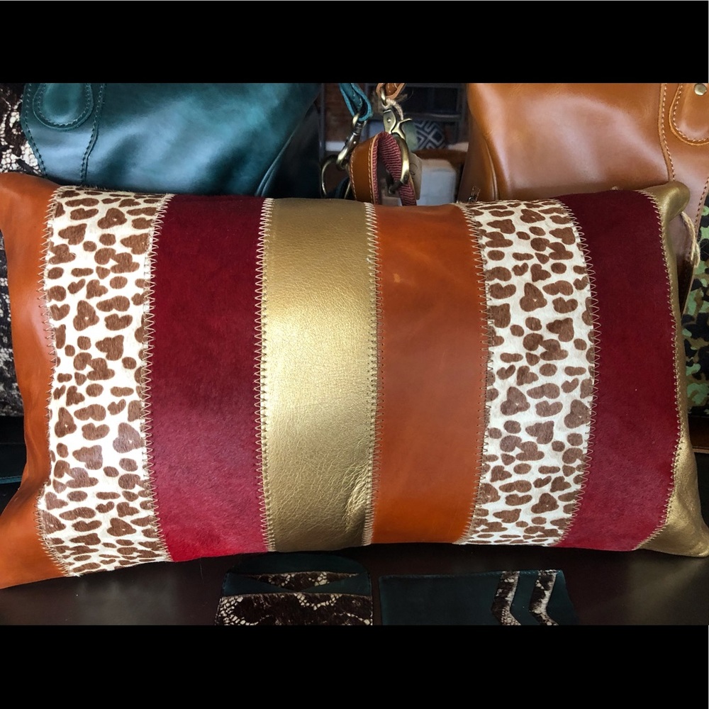 Leather leopard print red gold lumbar pillow NWT